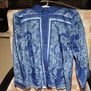 MISSLOOK Blue Paisley Bandana Pattern Long Sleeve Shirt Size M